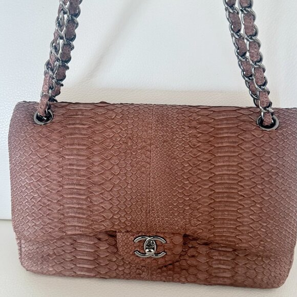 AUTHENTIC CHANEL 11A EXOTIC PYTHON JUMBO CLASSIC DOUBLE FLAP BAG BROWN - Picture 2 of 13
